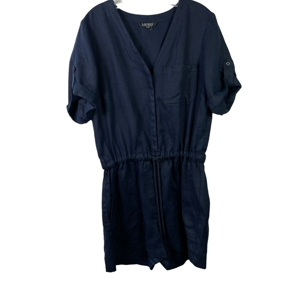 Lauren Ralph Lauren Linen Navy V-Neck Romper Belted Hidden Button Short Sleeve